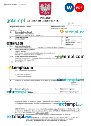editable template, Poland death certificate Word and PDF template, completely editable