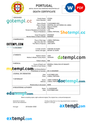 editable template, Portugal death certificate Word and PDF template, completely editable