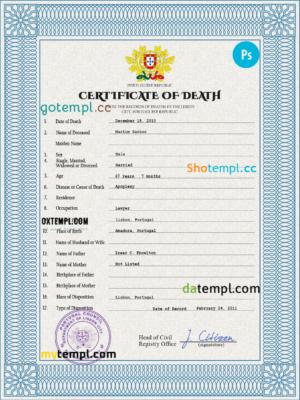 editable template, Portugal death certificate PSD template, completely editable