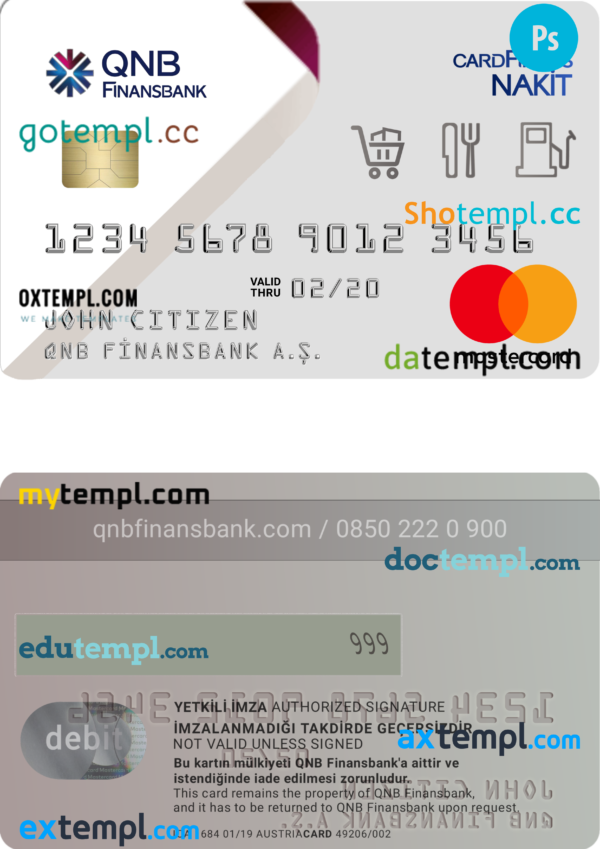 editable template, Turkey QNB Finansbank PSD credit card template, completely editable