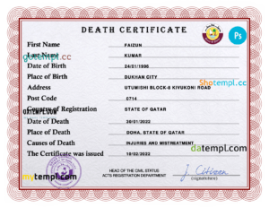 editable template, Qatar vital record death certificate PSD template