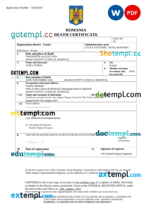 editable template, Romania vital record death certificate Word and PDF template