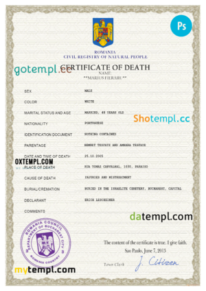 editable template, Romania death certificate PSD template, completely editable