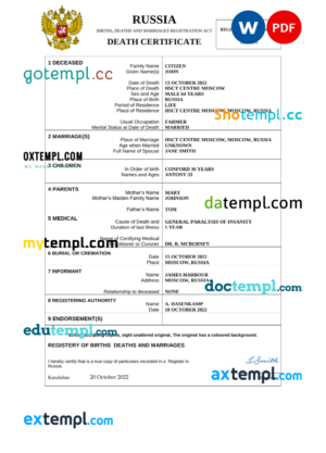 editable template, Russia death certificate Word and PDF template, completely editable