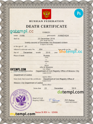 editable template, Russia vital record death certificate PSD template, completely editable