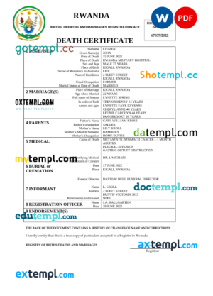 editable template, Rwanda vital record death certificate Word and PDF template