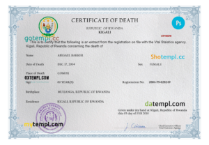 editable template, Rwanda vital record death certificate PSD template, fully editable