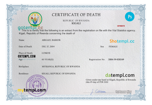 editable template, Rwanda vital record death certificate PSD template, fully editable