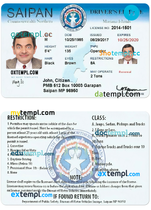 editable template, Northern Mariana Islands Saipan driving license PSD template