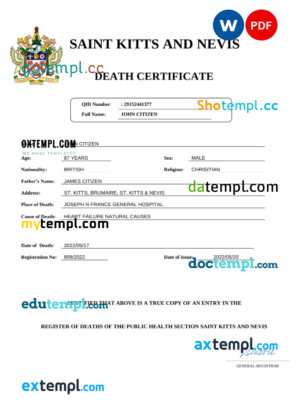 editable template, Saint Kitts and Nevis vital record death certificate Word and PDF template