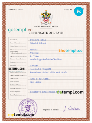 editable template, Saint Kitts and Nevis death certificate PSD template, completely editable