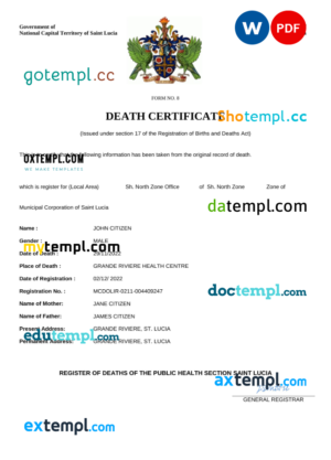 editable template, Saint Lucia death certificate Word and PDF template, completely editable