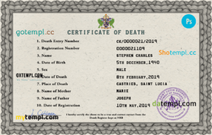 editable template, Saint Lucia vital record death certificate PSD template