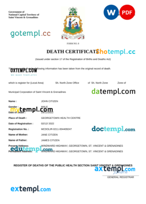 editable template, Saint Vincent and the Grenadines vital record death certificate Word and PDF template