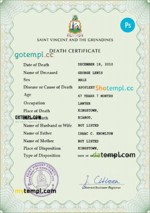 editable template, Saint Vincent and the Grenadines death certificate PSD template, completely editable