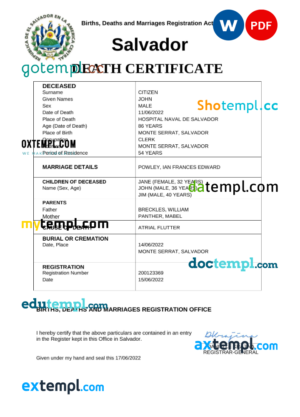 editable template, Salvador vital record death certificate Word and PDF template