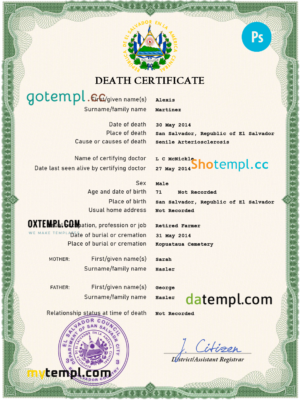 editable template, Salvador vital record death certificate PSD template, completely editable