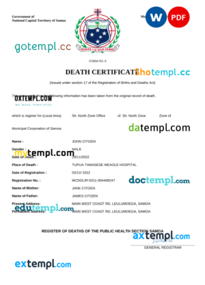 editable template, Samoa death certificate Word and PDF template, completely editable