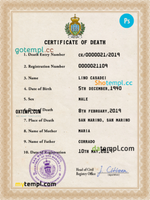 editable template, Samoa vital record death certificate PSD template, fully editable