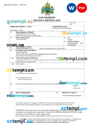 editable template, San Marino death certificate Word and PDF template, completely editable