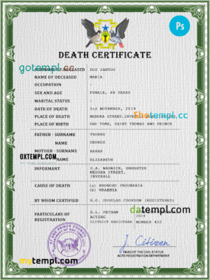 editable template, Sao Tome vital record death certificate PSD template, completely editable