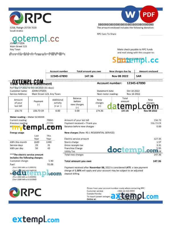 editable template, Saudi Arabia Rabigh Power Company utility bill, Word and PDF template