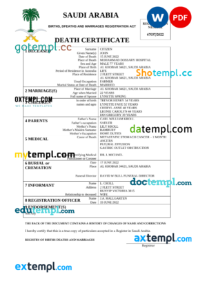 editable template, Saudi Arabia death certificate Word and PDF template, completely editable