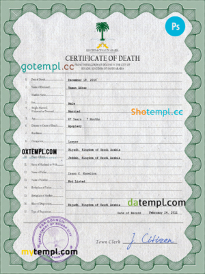 editable template, Saudi Arabia death certificate PSD template, completely editable