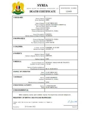 editable template, Syria vital record death certificate Word and PDF template