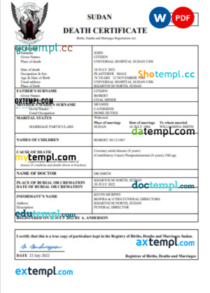 editable template, Sudan vital record death certificate Word and PDF template