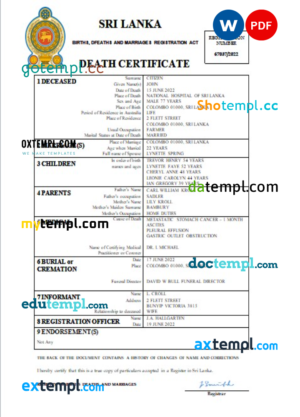 editable template, Sri Lanka vital record death certificate Word and PDF template