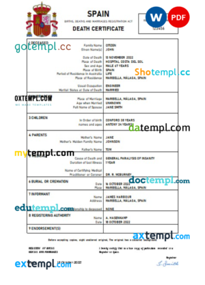 editable template, Spain death certificate Word and PDF template, completely editable