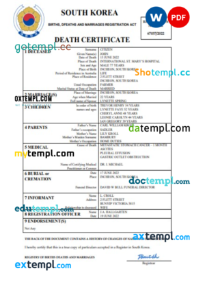 editable template, South Korea vital record death certificate Word and PDF template