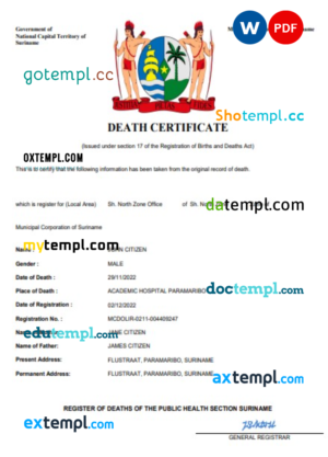 editable template, Suriname death certificate Word and PDF template, completely editable
