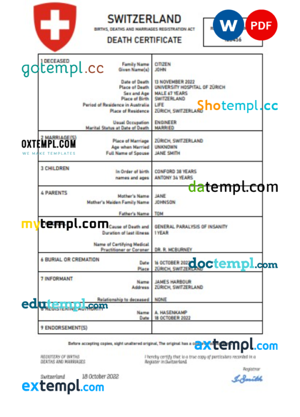 editable template, Switzerland vital record death certificate Word and PDF template