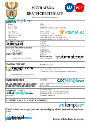 editable template, South Africa death certificate Word and PDF template, completely editable