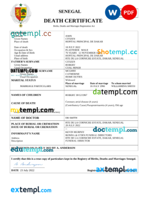 editable template, Senegal vital record death certificate Word and PDF template