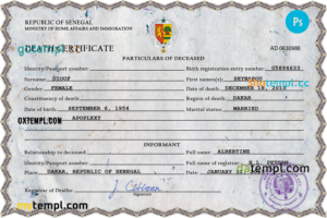 editable template, Senegal vital record death certificate PSD template