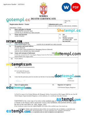 editable template, Serbia death certificate Word and PDF template, completely editable