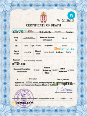 editable template, Serbia death certificate PSD template, completely editable