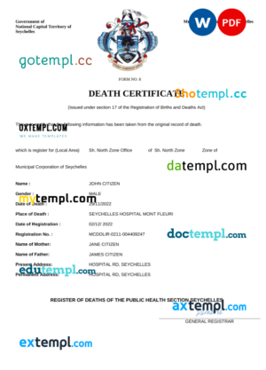 editable template, Seychelles vital record death certificate Word and PDF template