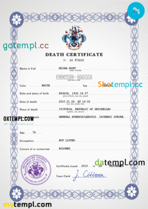 editable template, Seychelles vital record death certificate PSD template, fully editable