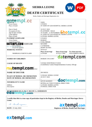 editable template, Sierra Leone death certificate Word and PDF template, completely editable
