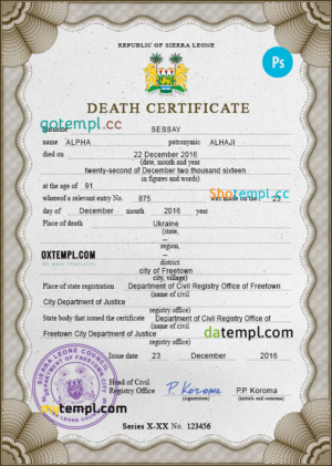 editable template, Sierra Leone vital record death certificate PSD template, completely editable