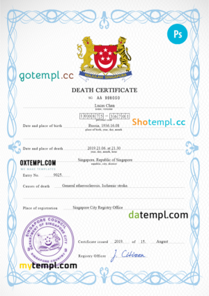 editable template, Singapore death certificate PSD template, completely editable