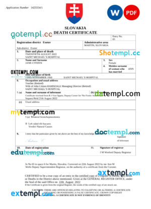 editable template, Slovakia death certificate Word and PDF template, completely editable