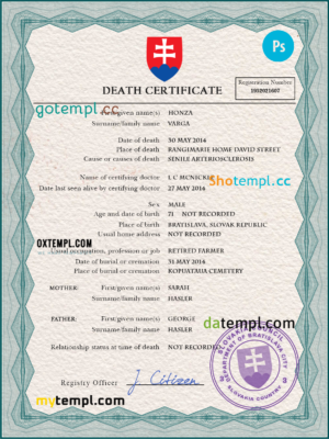 editable template, Slovakia vital record death certificate PSD template
