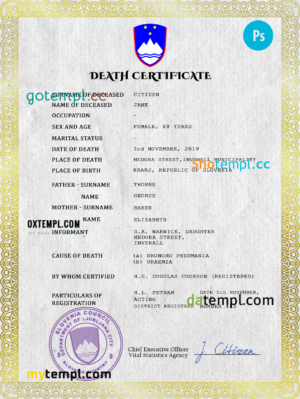 editable template, Slovenia death certificate PSD template, completely editable
