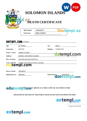 editable template, Solomon Islands vital record death certificate Word and PDF template