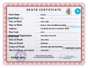 editable template, Solomon vital record death certificate PSD template, fully editable
